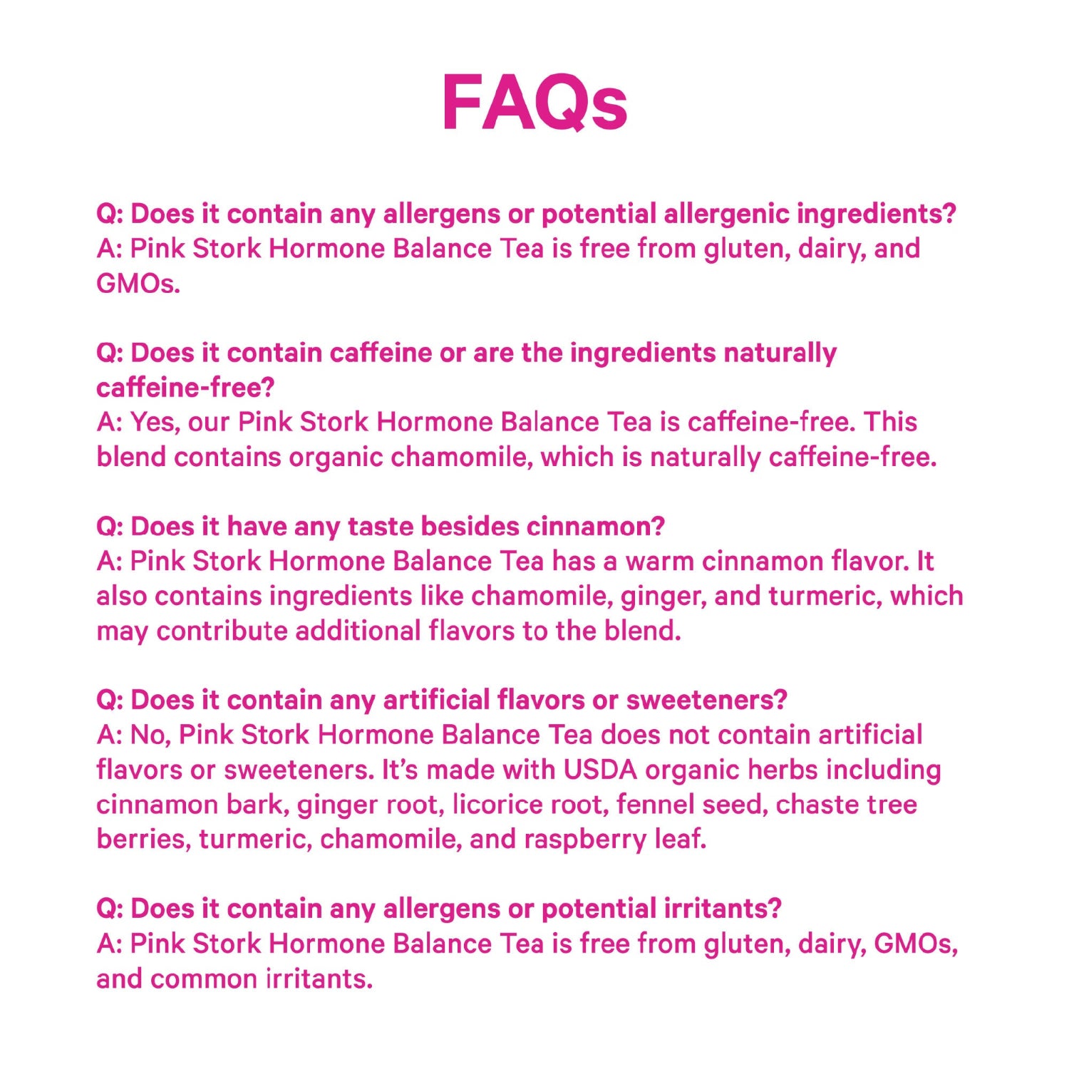 FAQs section about Pink Stork Hormone Balance Tea on a white background