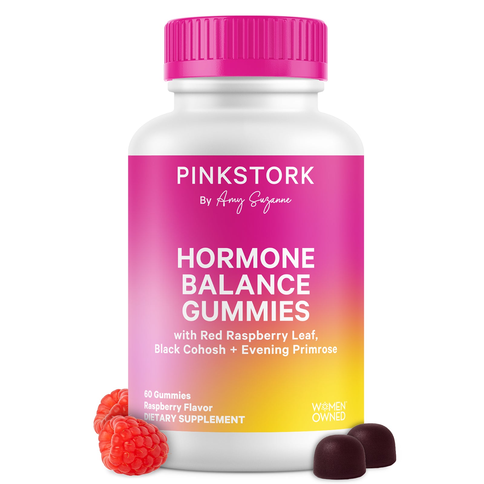 Pink Stork Hormone Balance Gummies bottle shown with raspberry-flavored gummies and fresh raspberries.