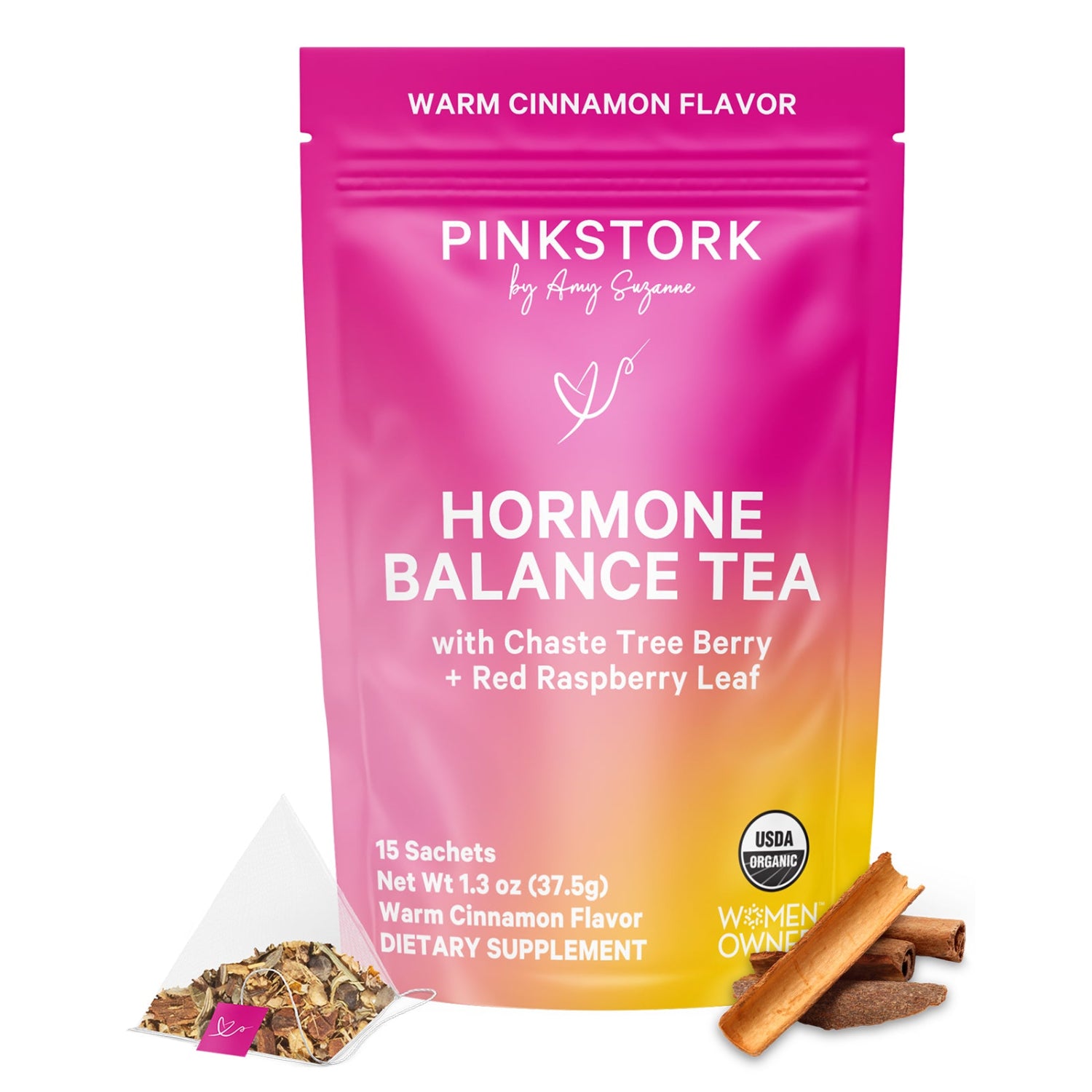Pink Stork Hormone Balance Tea package with cinnamon sticks and tea bags on a white background