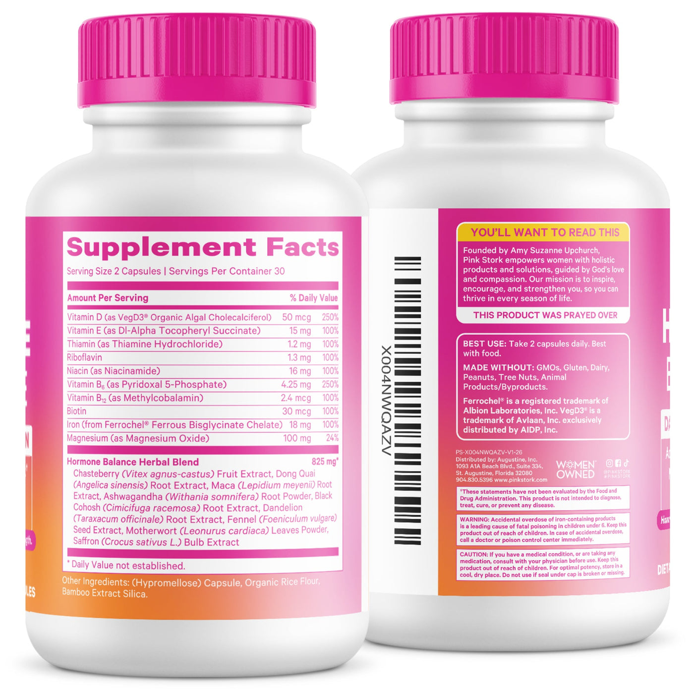 Two supplement bottles with pink caps on a white background