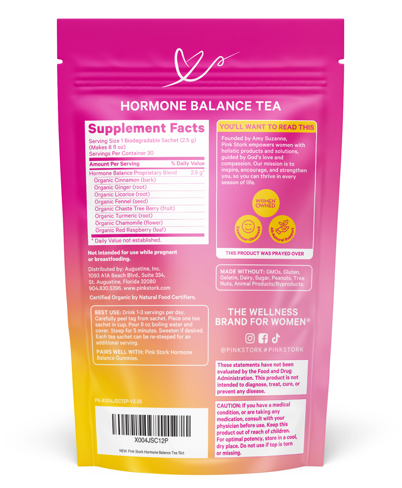 Hormone balance tea supplement package with pink and orange gradient on a white background