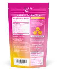 Hormone balance tea supplement package with pink and orange gradient on a white background