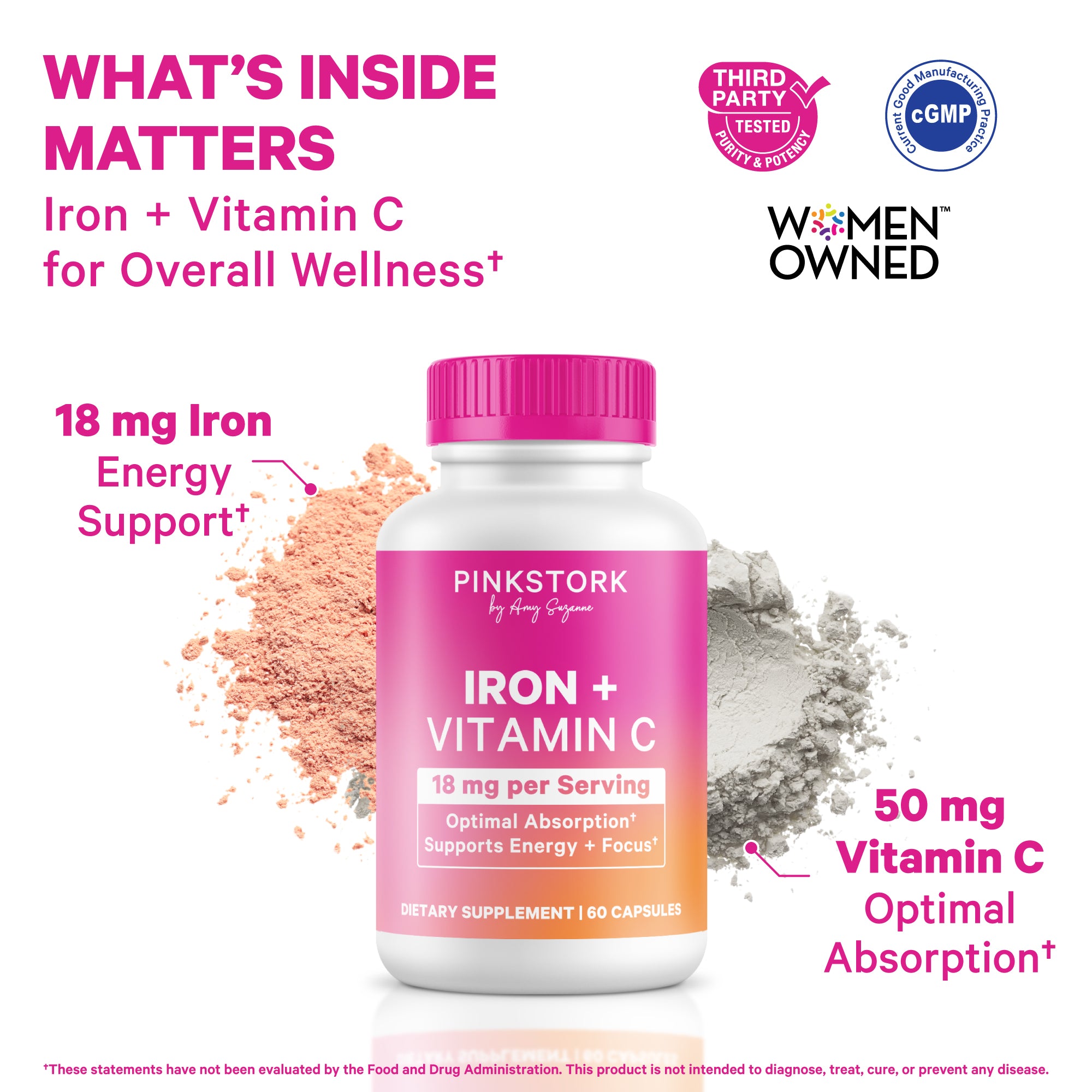 Pink Stork Iron plus Vitamin C bottle shown with text highlighting iron and vitamin C