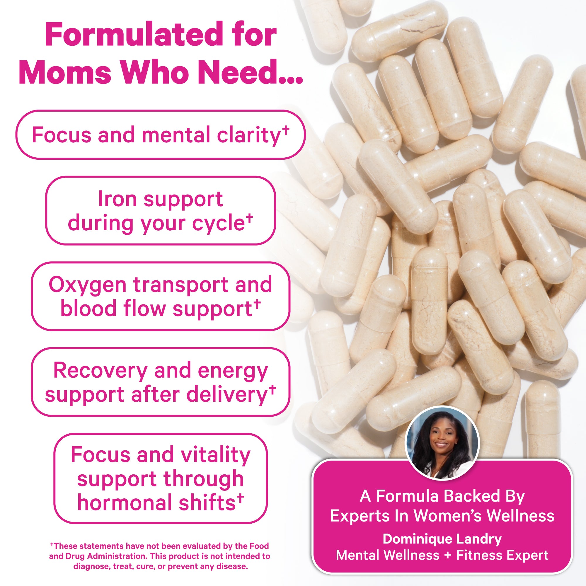 Loose iron supplement capsules shown with text