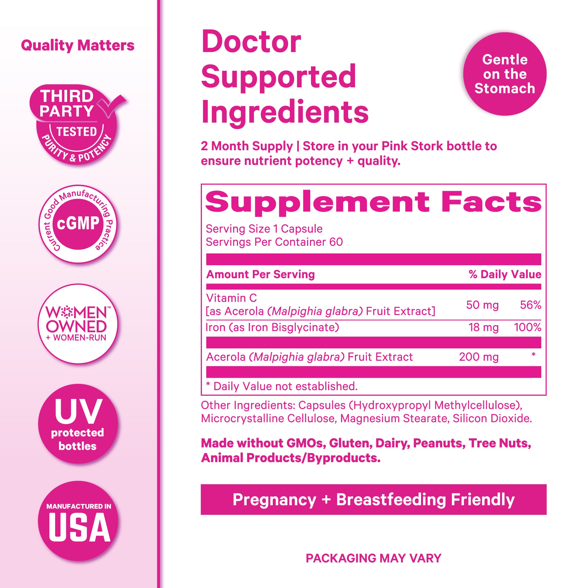 Supplement Facts label for Pink Stork Iron plus Vitamin C with icons for third-party testing, cGMP manufacturing, and made in the USA.