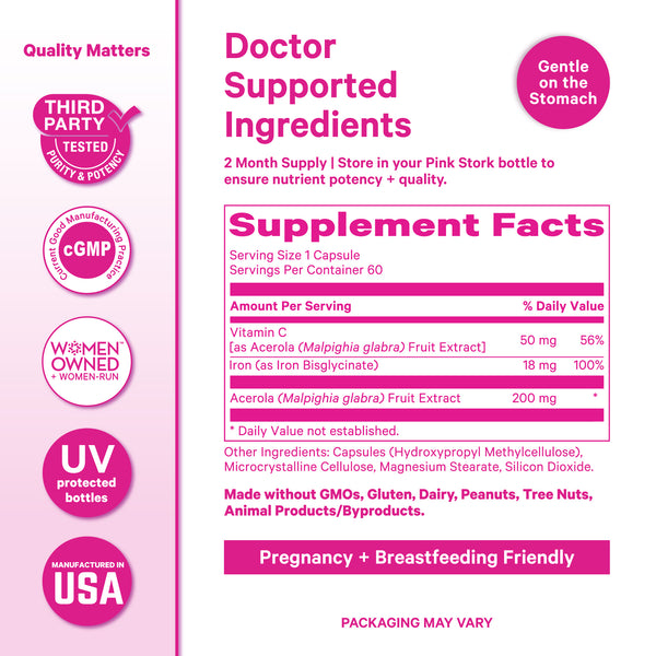 Supplement Facts label for Pink Stork Iron plus Vitamin C with icons for third-party testing, cGMP manufacturing, and made in the USA.