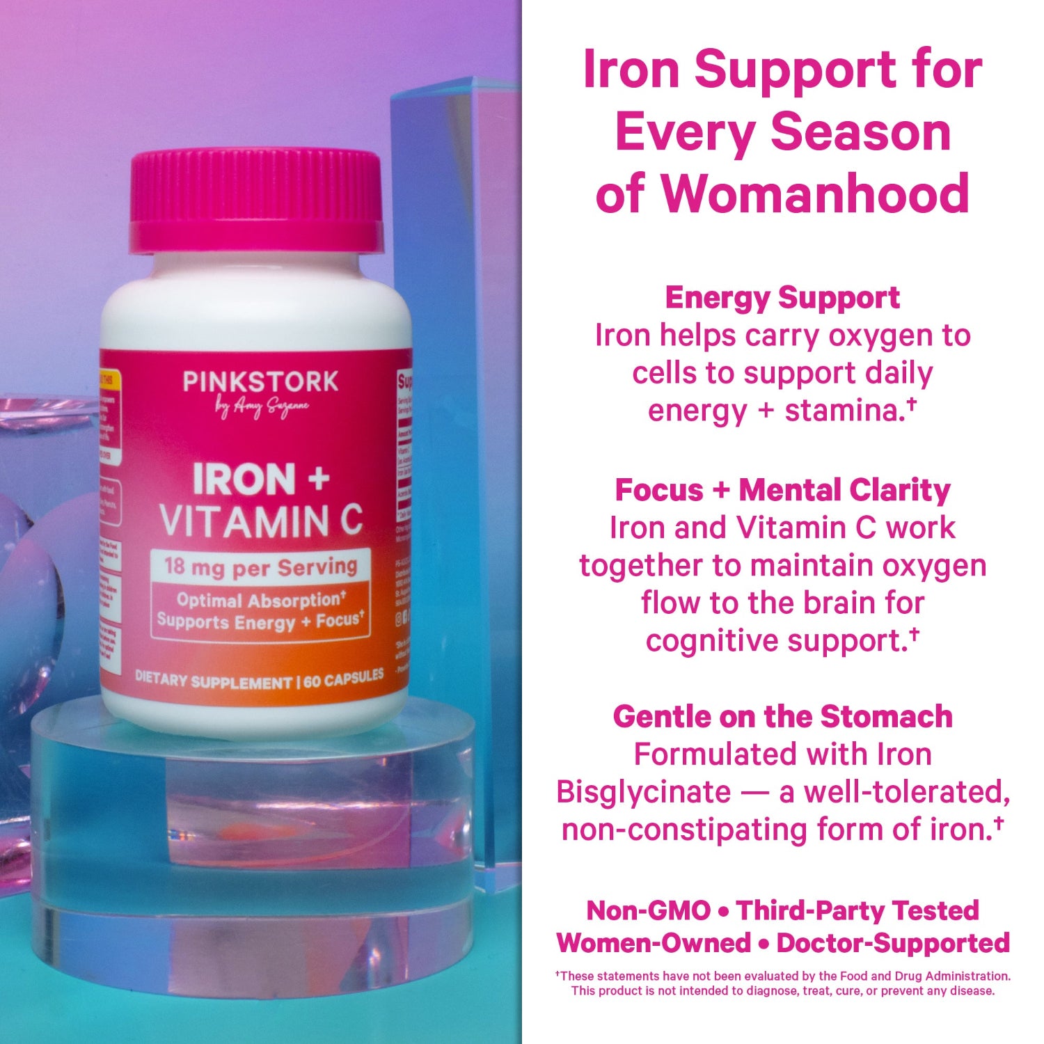 Pink bottle of Iron + Vitamin C supplement on a clear stand with promotional text on a purple background