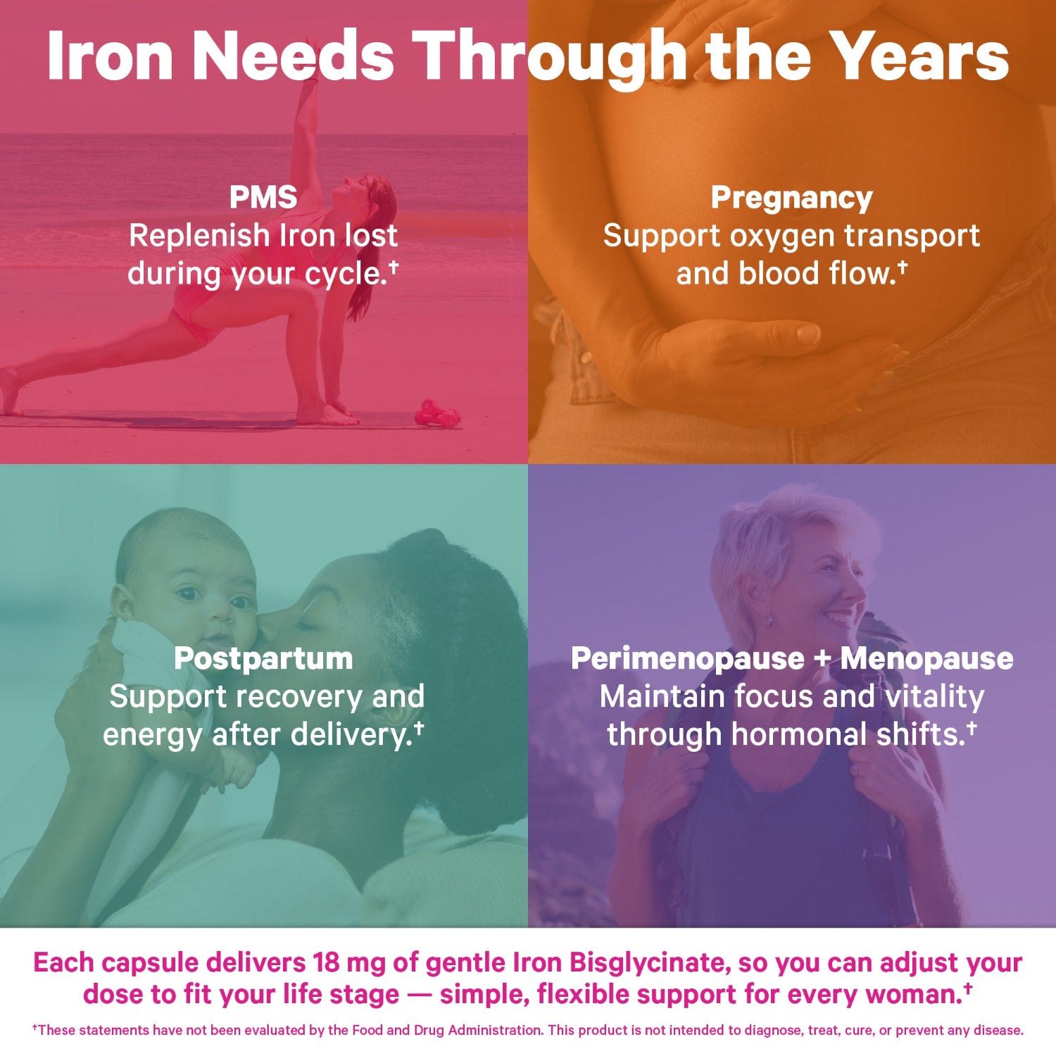 Iron supplement infographic showing iron needs through different life stages.