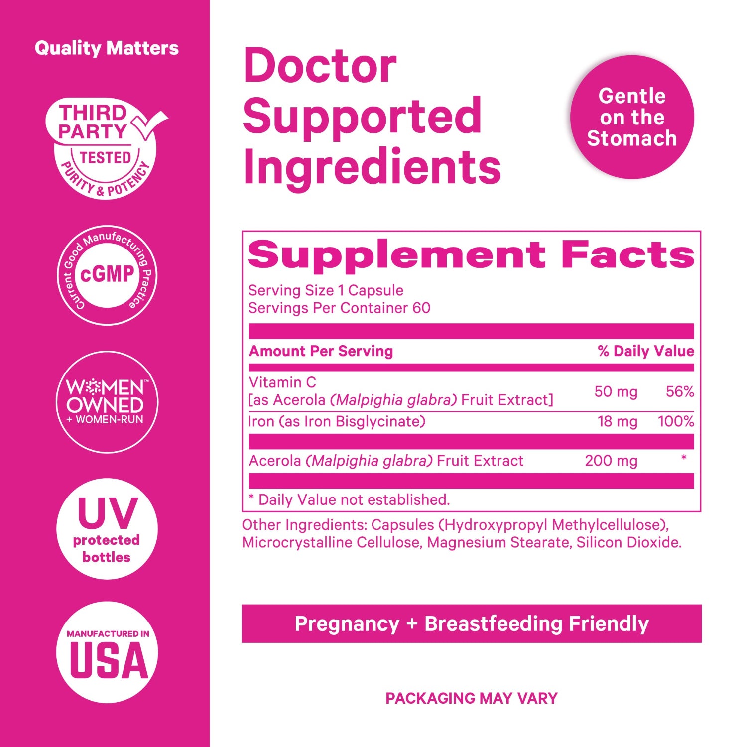 Supplement label with pink background and white text displaying ingredients and facts.