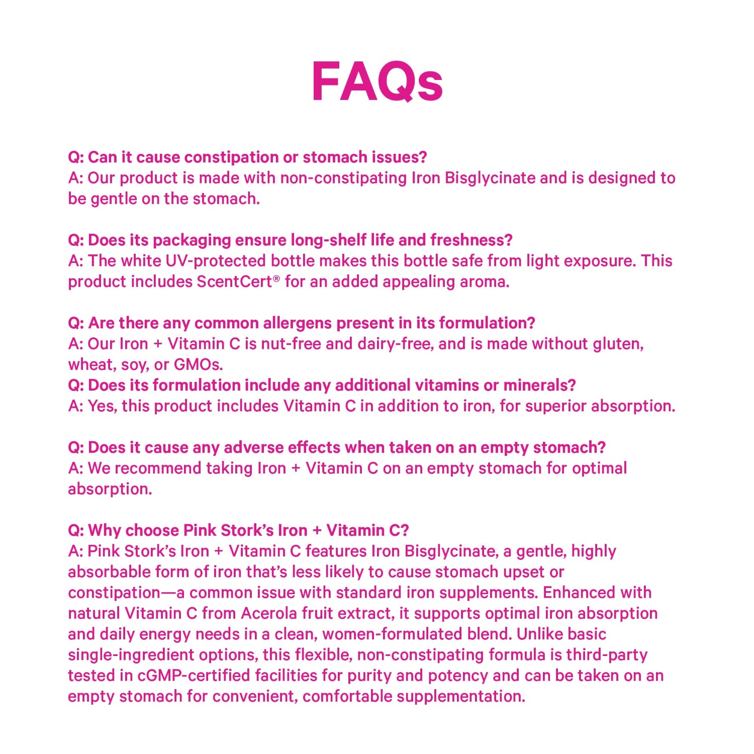 FAQs section about a product with pink text on a white background