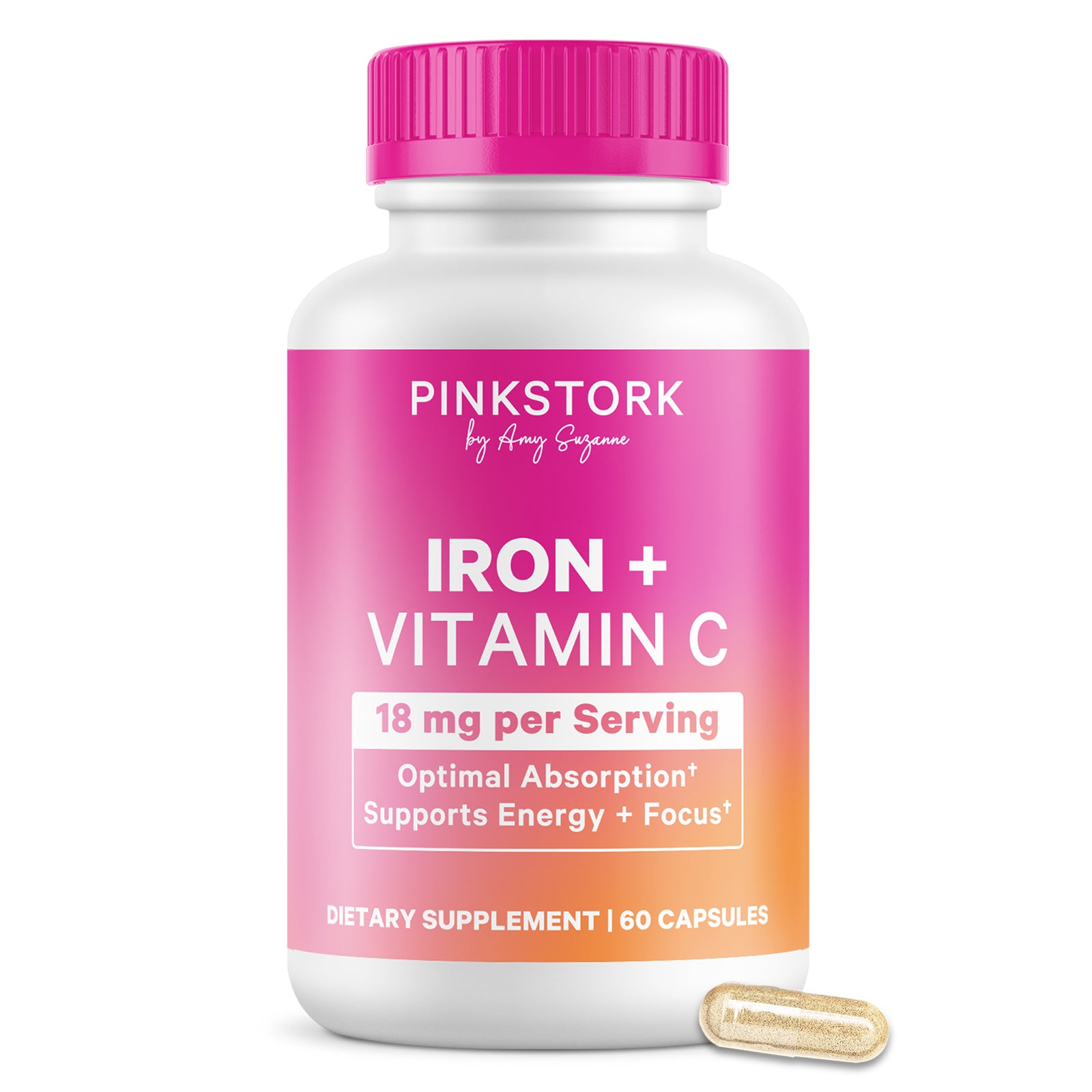 Pink Stork Iron plus Vitamin C supplement bottle with one capsule shown beside it.