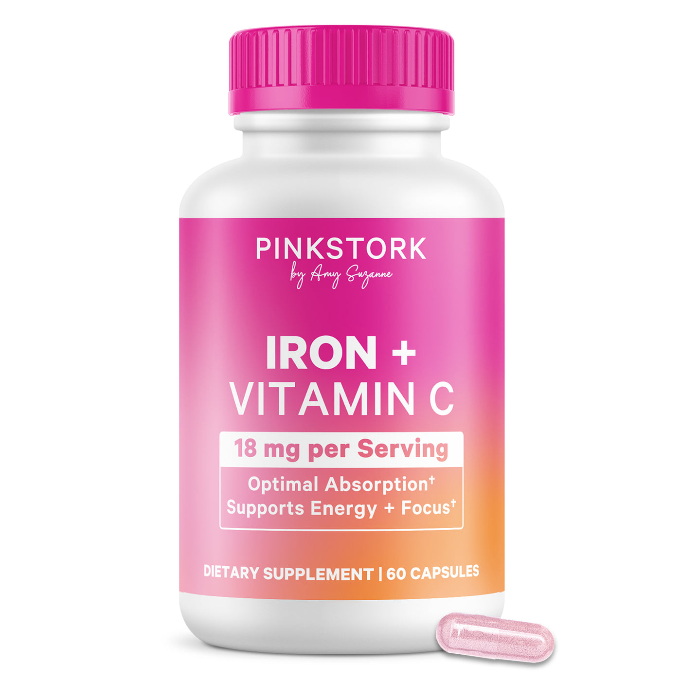 A white bottle of Pinkstork Iron + Vitamin C dietary supplement with a bright pink cap and a pink-to-orange gradient label, shown on a white background with one pink capsule in front.