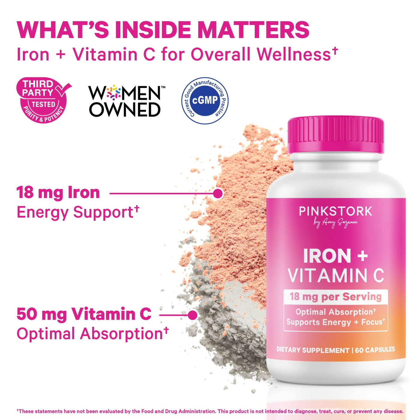PinkStork Iron + Vitamin C dietary supplement bottle shown on a white background with marketing text, certification logos, and powder piles representing the iron and vitamin C contents.