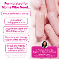 Promotional graphic for a women's wellness formula with pink capsules on the right and text callouts on the left. The text reads: 'Formulated for Moms Who Need.