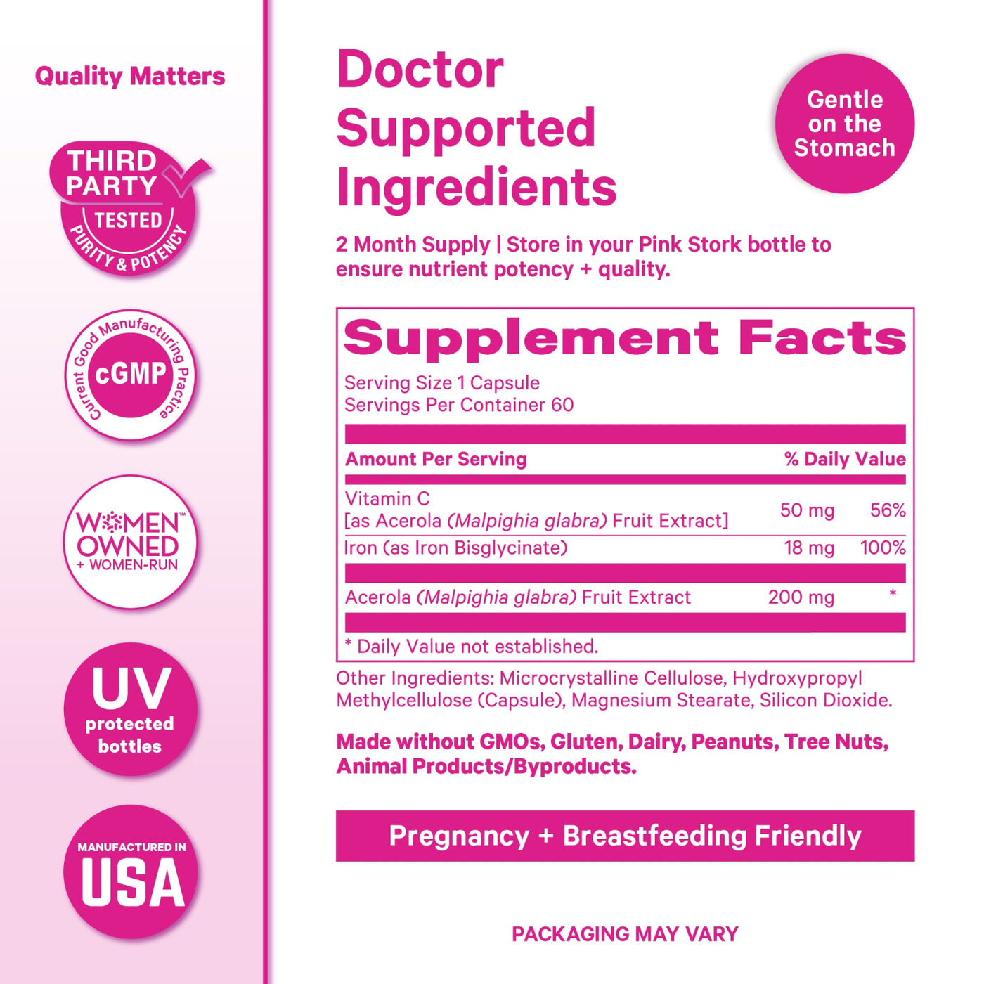 Supplement label with pink and white color scheme, featuring text about doctor-supported ingredients and product features.