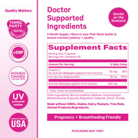 Supplement label with pink and white color scheme, featuring text about doctor-supported ingredients and product features.