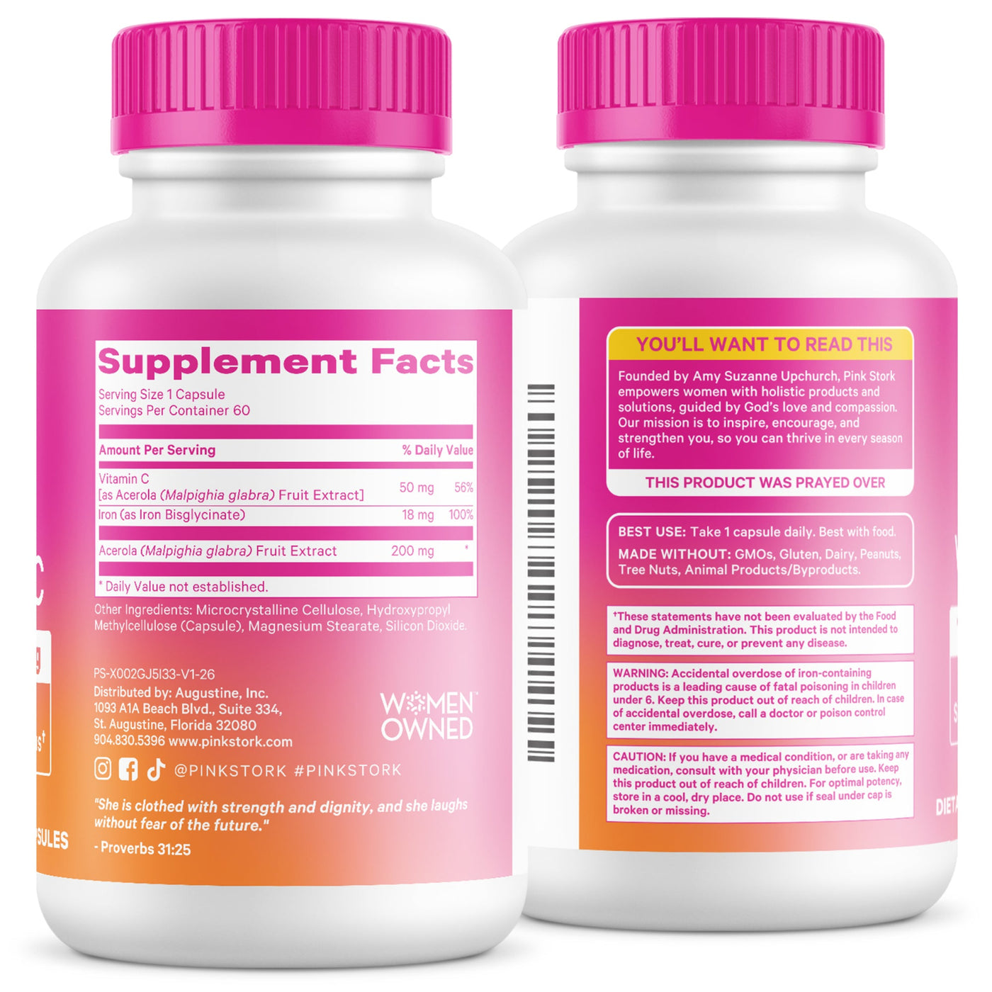 Two white supplement bottles with bright pink caps, showing the front and back labels of Pink Stork Women's Health 'You Will Want To Read' supplement.