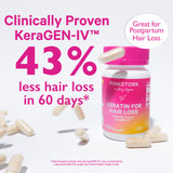 Bottle of Pink Stork Keratin for Hair Loss bottle with capsules falling around it. Clinically proven KeraGEN-IV. 43% less hair loss in 60 days*.