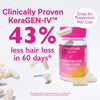 Bottle of Pink Stork Keratin for Hair Loss bottle with capsules falling around it. Clinically proven KeraGEN-IV. 43% less hair loss in 60 days*.