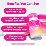 Three bottles of Pink Stork Keratin for Hair Loss leaning against each other. Benefits you can see.