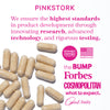 Overhead view of a pile of vitamin capsules in the bottom left corner. List of logos of press that Pink Stork has been featured in.