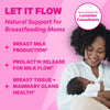 A woman holding her baby and smiling. Let it flow. Natural support for breastfeeding moms. Recommended by Lactation consultants.