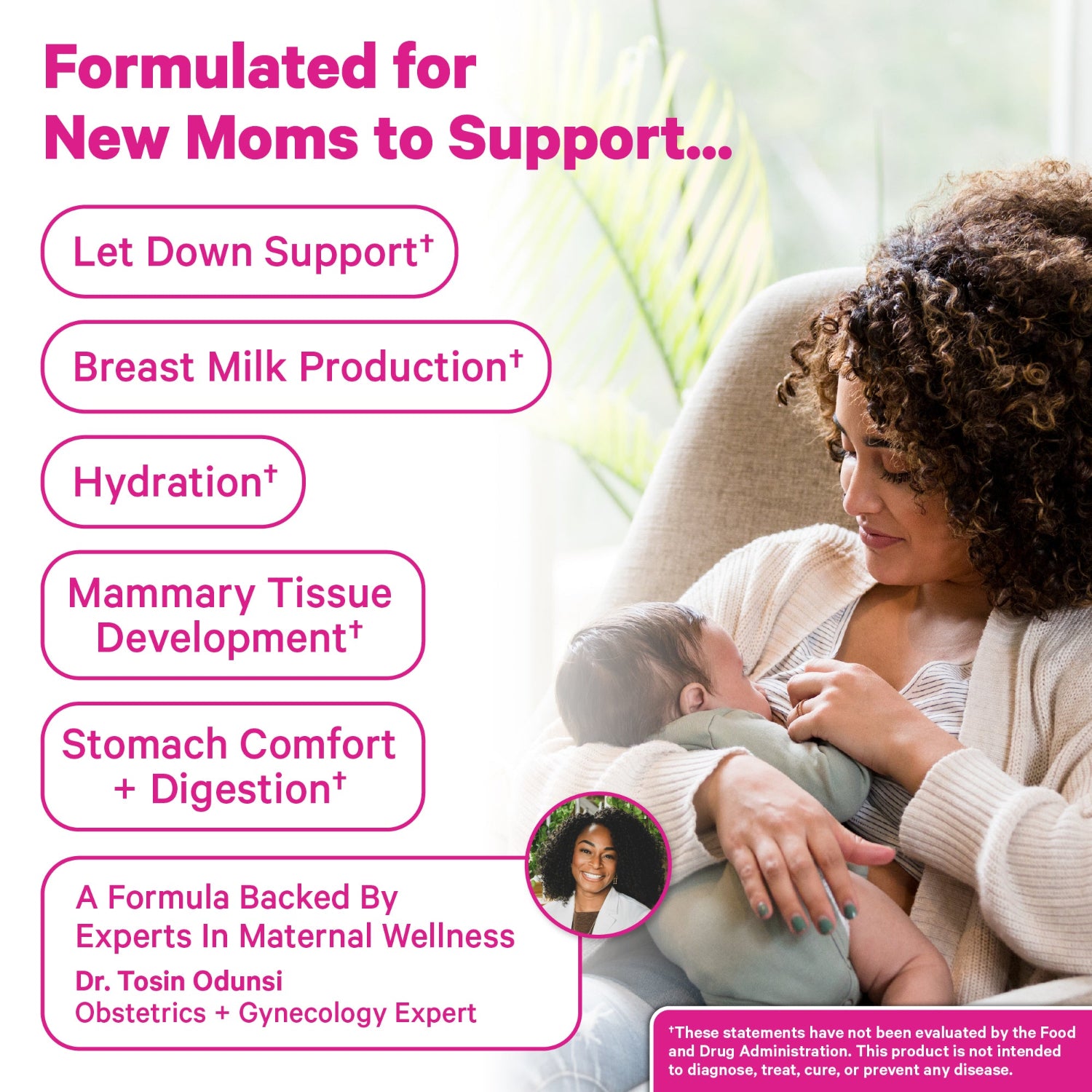 Woman breastfeeding a baby with text about product benefits for new moms.