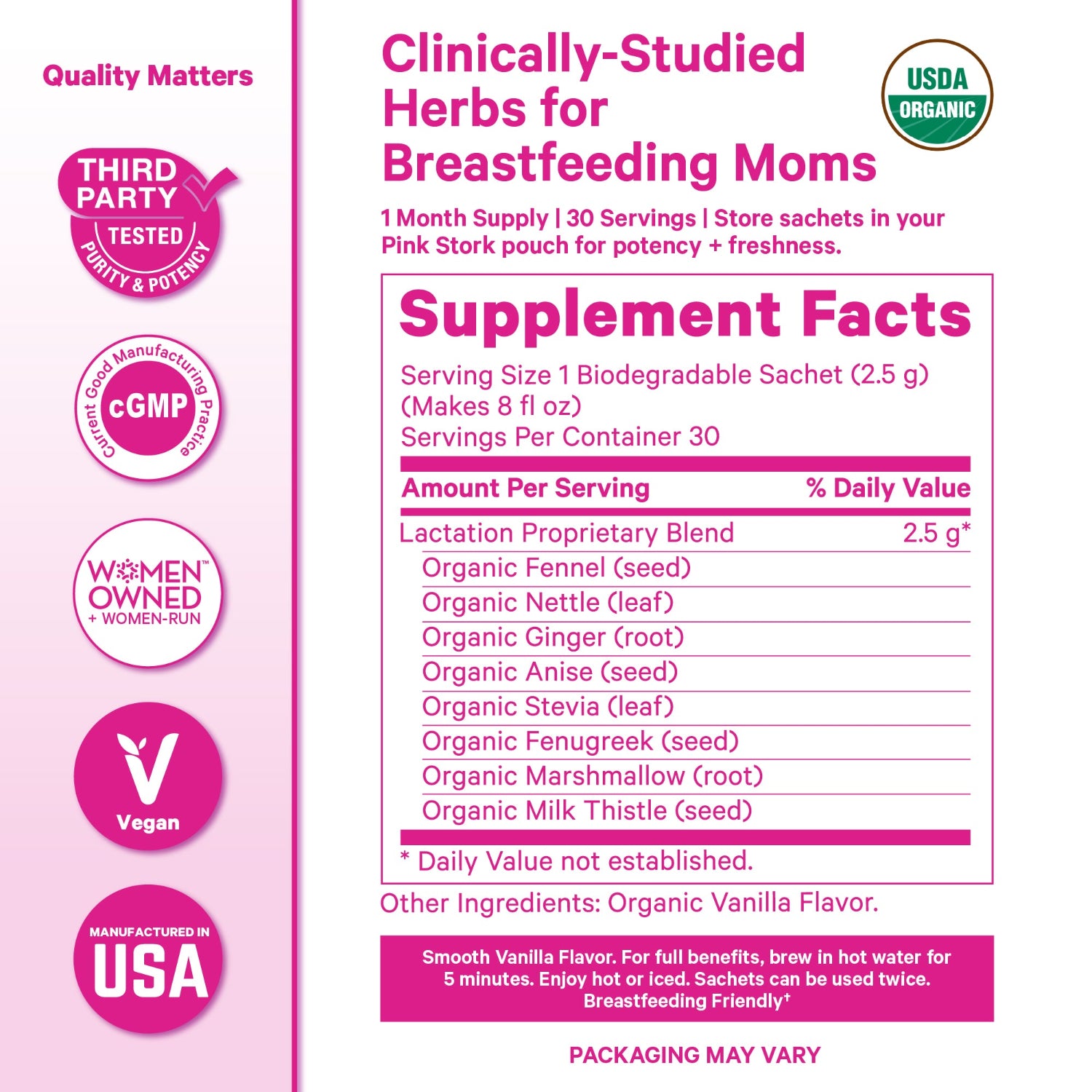 Supplement label for clinically-studied herbs for breastfeeding moms with supplement facts and branding details.