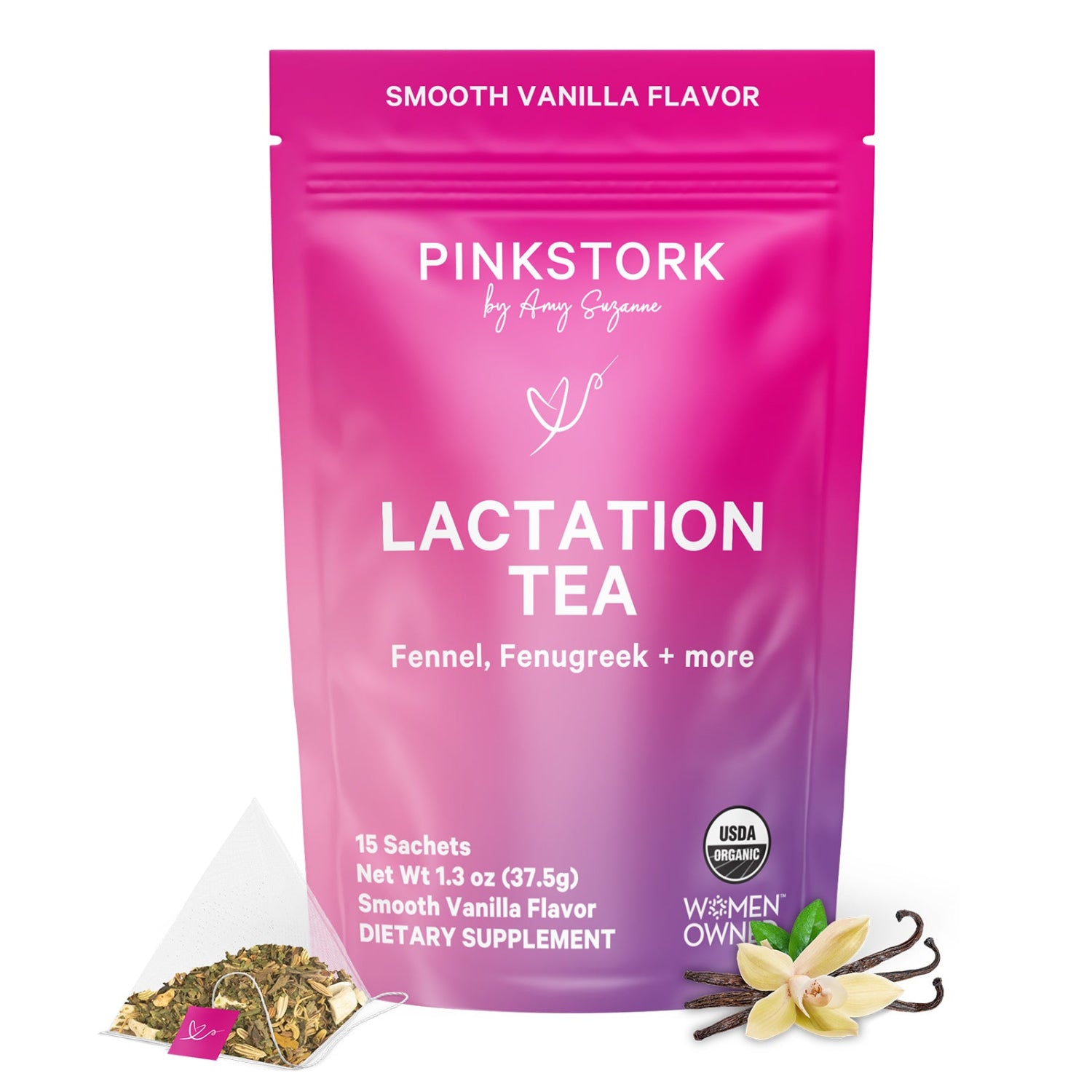 Pink Stork lactation tea package with vanilla flavor on a white background