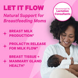 An image of a woman holding her baby. Let it flow! Natural support for breastfeeding moms. 