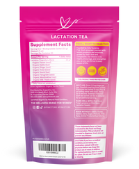 Pink and purple package of Lactation Tea with supplement facts on a white background