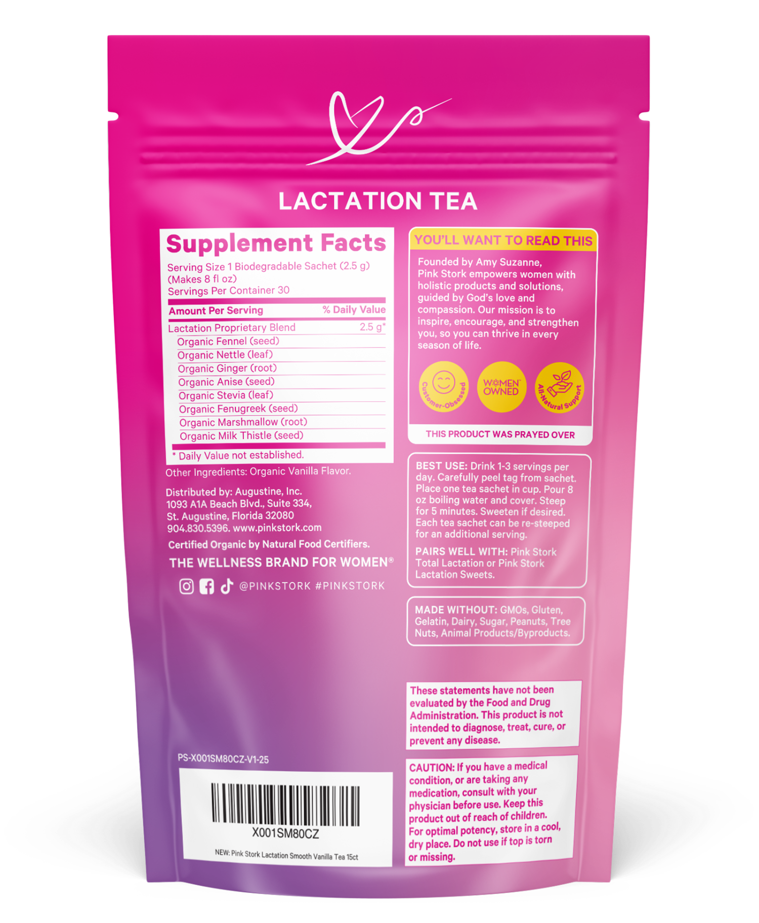 Pink and purple package of Lactation Tea with supplement facts on a white background