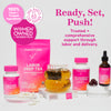 Group of Pink Stork Labor Prep products with capsules, gummies, and a cup of tea. Ready, set, push! Trusted + comprehensive support through labor and delivery.