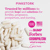 Pile of supplements spread across the bottom left corner. List of logos of press that Pink Stork has been featured in.