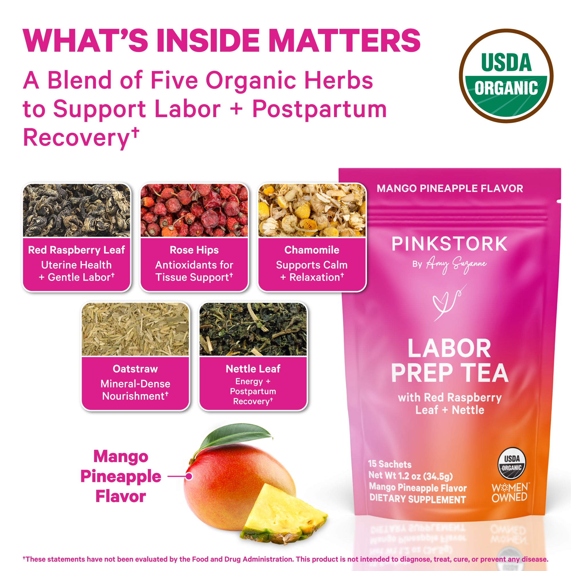 Pink Stork Labor Prep Tea pouch shown with images of organic herbs and text highlighting mango pineapple flavor.
