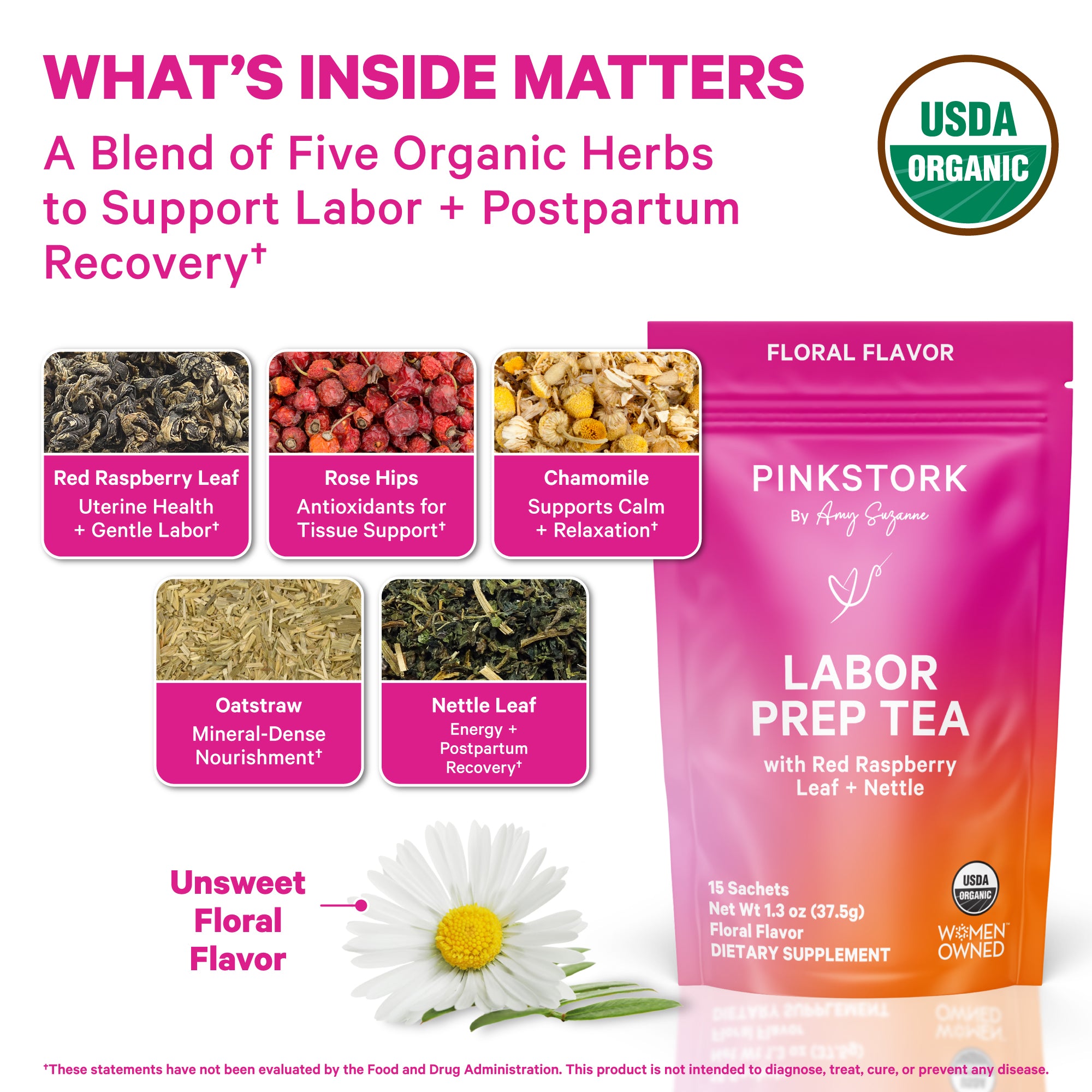 Pink Stork Labor Prep Tea floral flavor pouch shown with images of organic herbs, a chamomile flower, and text highlighting herbal ingredients and postpartum recovery support.