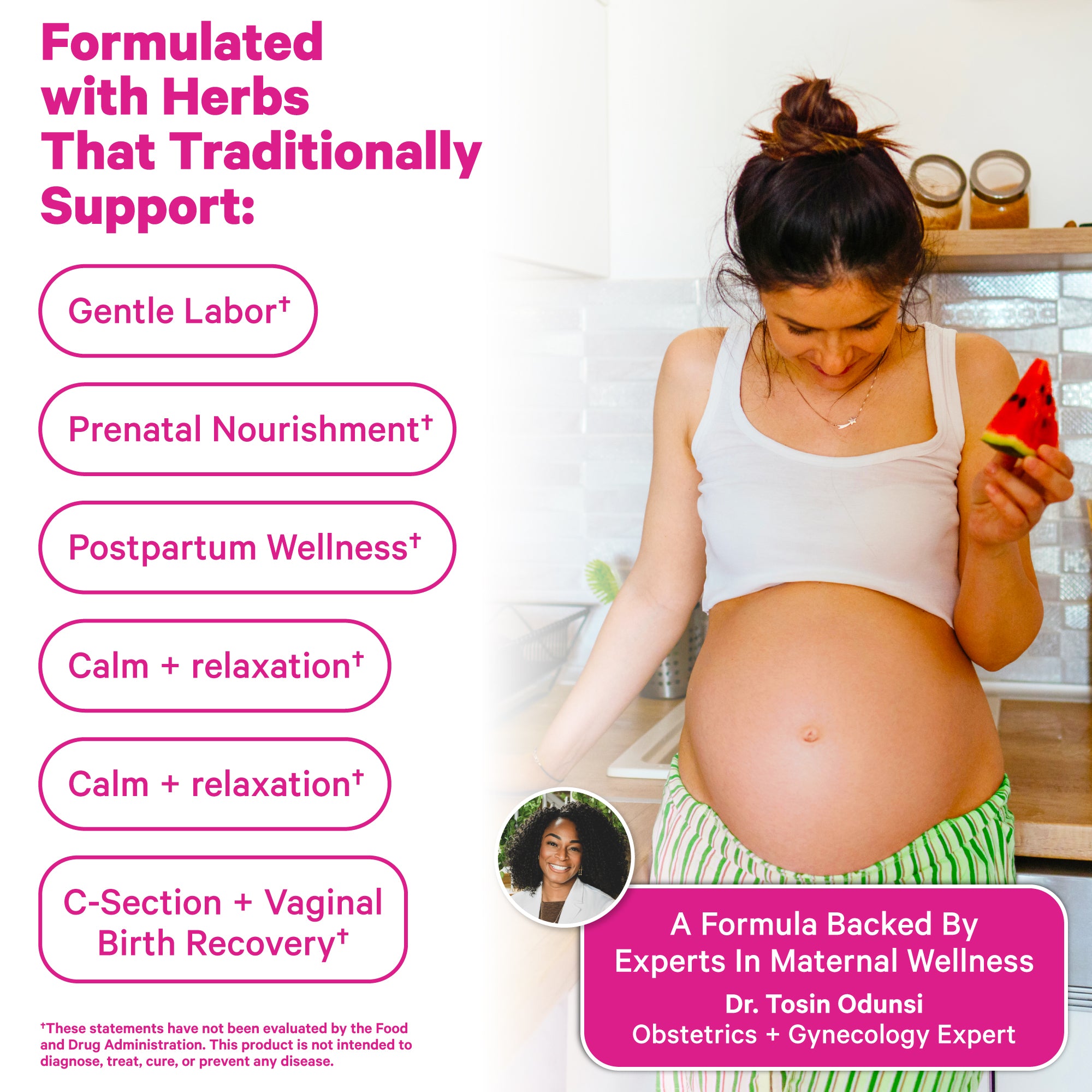 Pregnant woman standing in a kitchen holding fruit, with text describing herbal support for gentle labor, prenatal nourishment, and postpartum wellness.