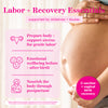 Close up of pregnant woman holding her baby bump. Labor + recovery essentials supporting by midwives + doulas. List of benefits for c-sections + vaginal birth recovery.