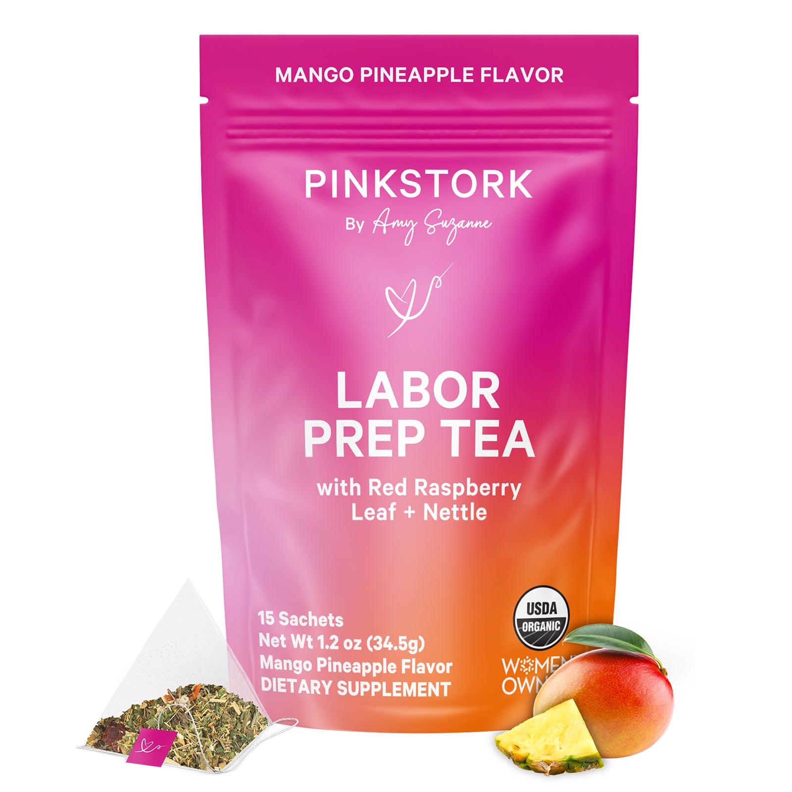 Pink Stork Labor Prep Tea pouch in mango pineapple flavor, shown with a tea sachet and mango and pineapple fruit.