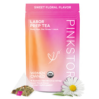 Pink Stork Labor Prep Tea pouch in sweet floral flavor, shown with a tea sachet.