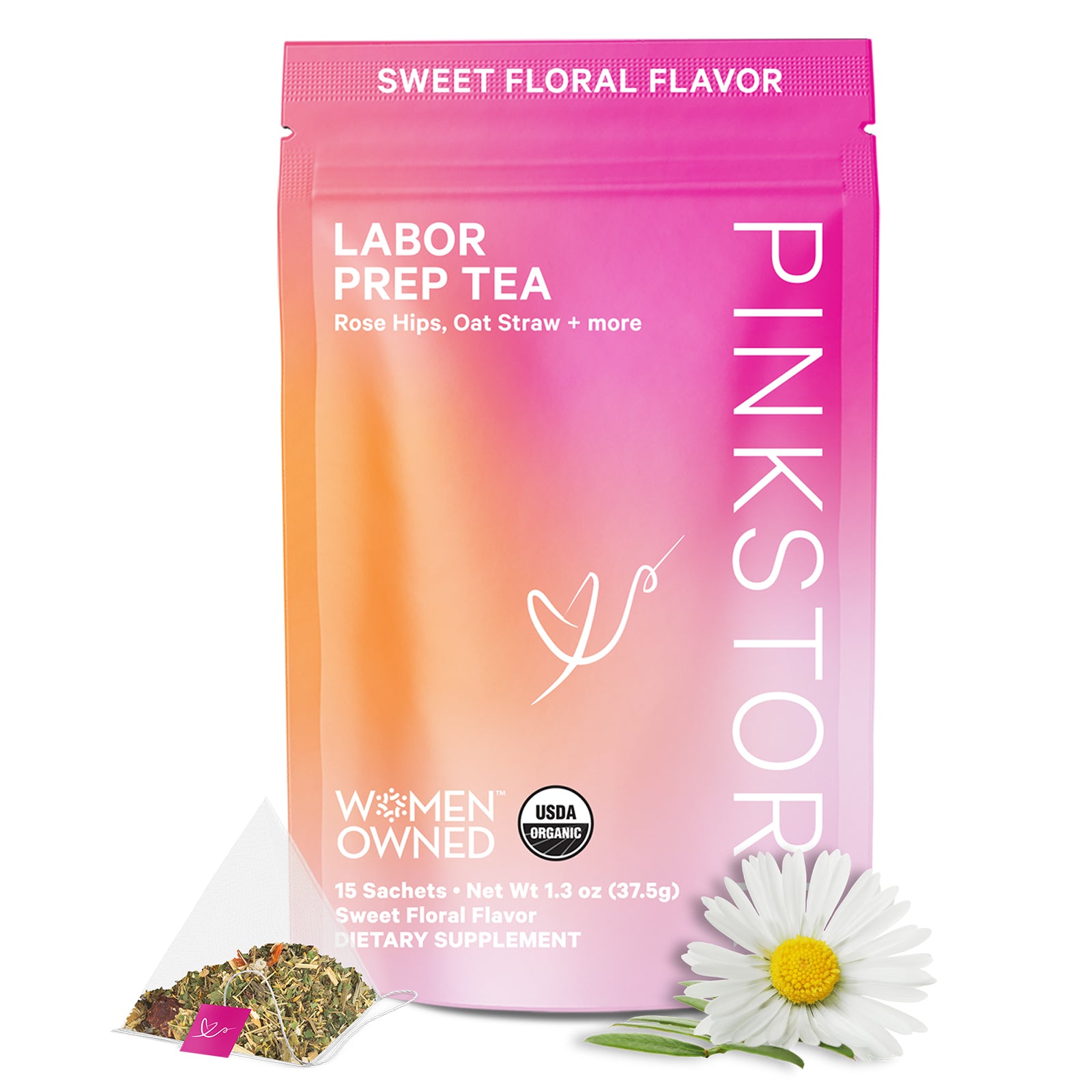 Pink Stork Labor Prep Tea pouch in sweet floral flavor, shown with a tea sachet.