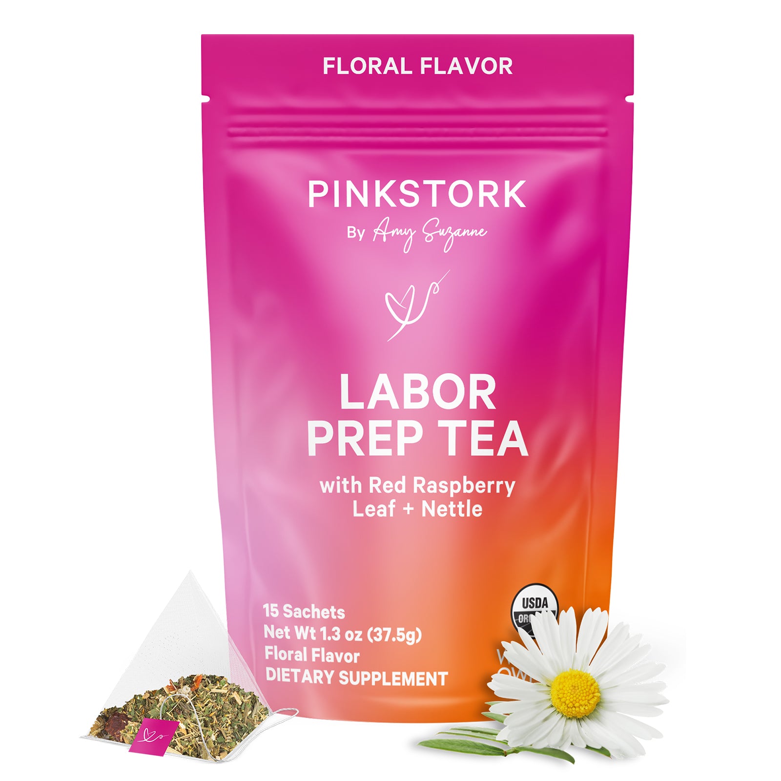 Pink Stork Labor Prep Tea pouch in floral flavor, shown with a tea sachet