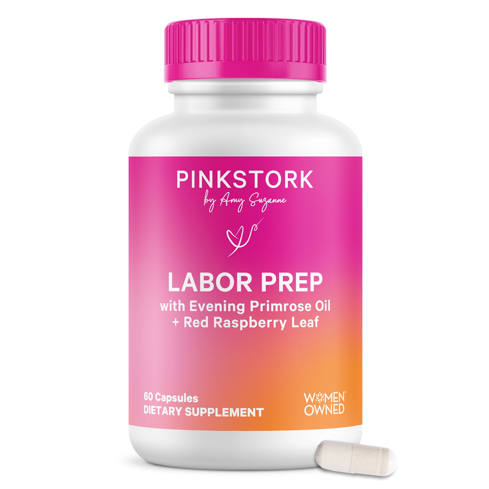 Pinkstork Labor Prep supplement bottle with pink cap on a white background