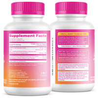 Two supplement bottles with pink caps and labels on a white background