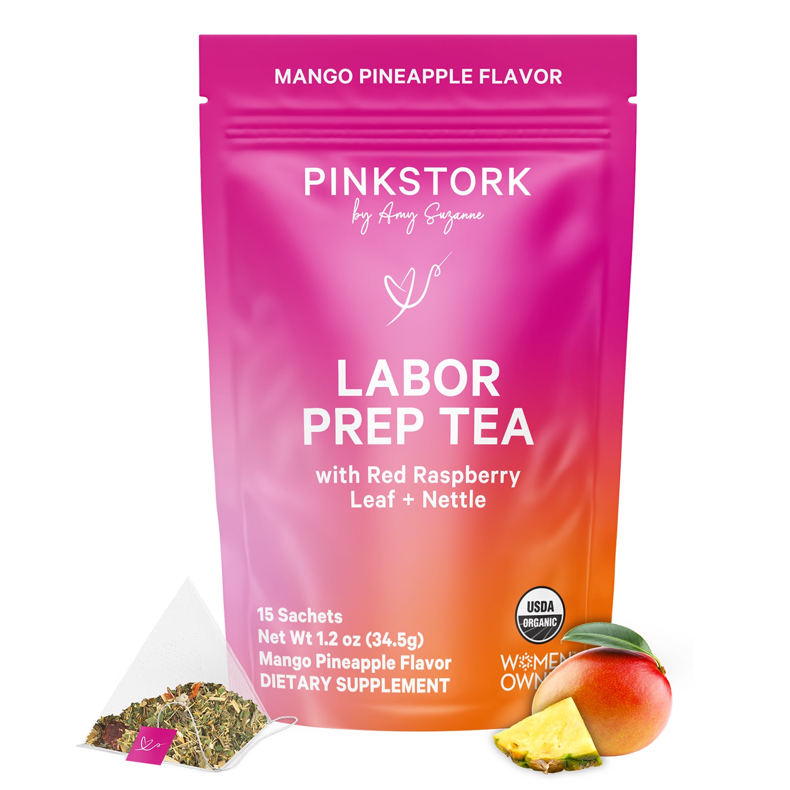 Pink Stork Labor Prep Tea package with mango, pineapple, and raspberry on a white background