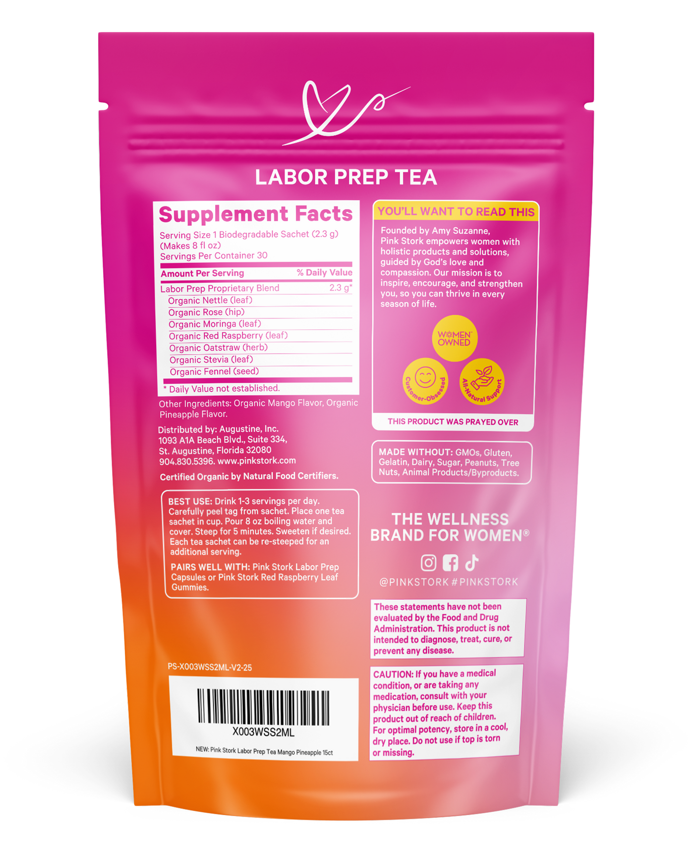 Pink and orange package of Labor Prep Tea with supplement facts on a white background