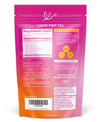 Pink and orange package of Labor Prep Tea with supplement facts on a white background