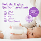 Baby laying and looking off in the distance while someone feeds them a bottle. Only the highest quality ingredients. Women owned and women run.