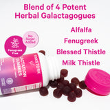 Bottle of Lactation Gummies laying on its side with gummies spilling out. Blend of 4 potent herbal galactagogues. No sugar added. Fenugreek free.