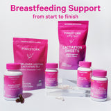 Group of Pink Stork Lactation products with capsules surrounding it. Breastfeeding support from start to finish.